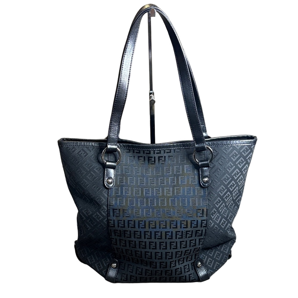 Fendi Zucchino Black Tote Bag Canvas with Leather Handles COA